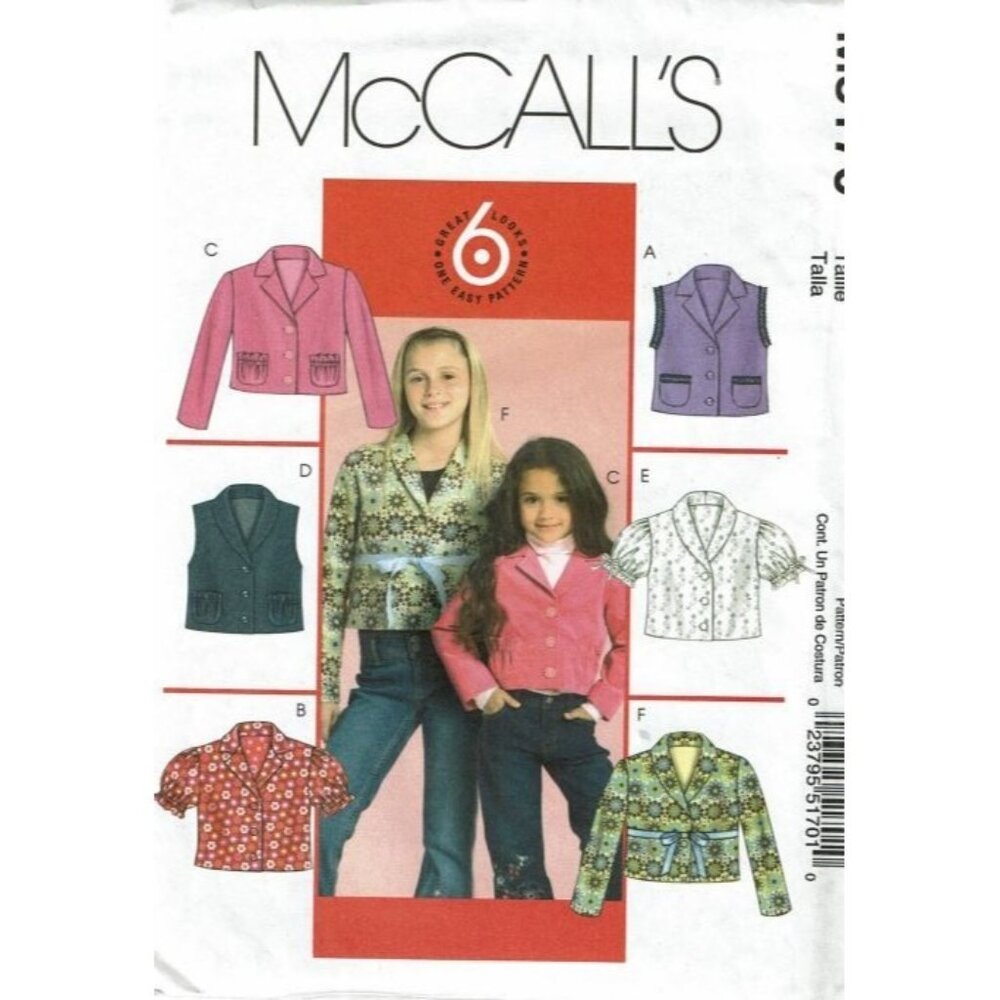 McCalls M5170 Girls Unlined Vests Jackets Sewing Pattern‎ Size 7-14
